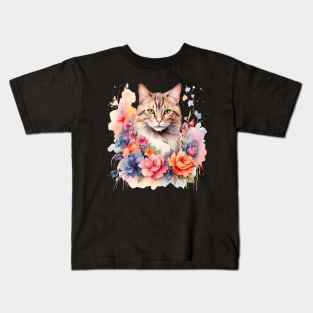 A cat decorated with beautiful watercolor flowers Kids T-Shirt